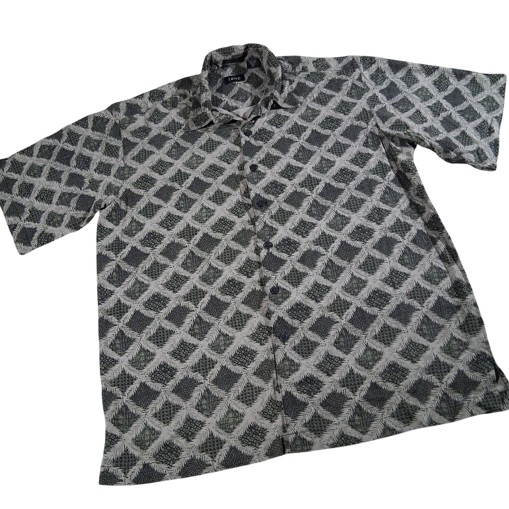 Izod Mens Silk Button Down Shirt Medium Green Geometric Leaf Print Short Sleeve
